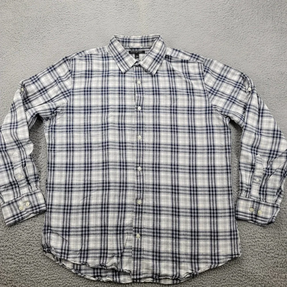 Banana Republic Shirt Mens XL White Blue Plaid Linen Button Up Long Sleeve‎